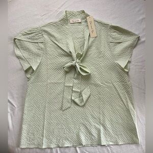 Doe & Rae Green Tie Front Blouse with Mandarin Collar
